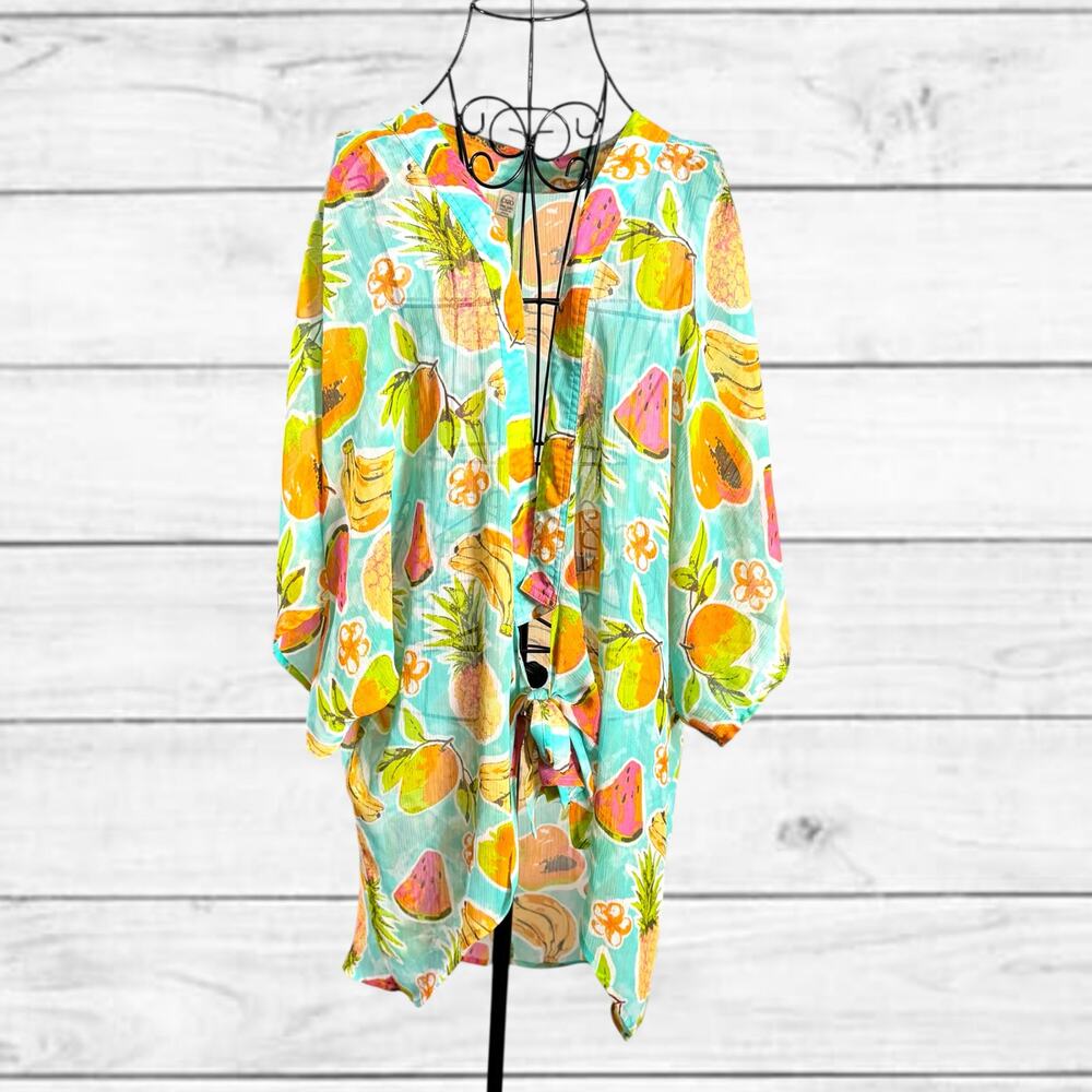 33. CATO’s ONE SIZE Tie Front lightweight summer flowy fruit detailed coverup